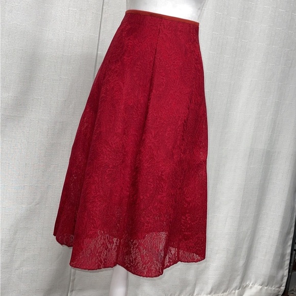 Women’s Red Skirt Lace Jacquard Pleated High Waist Floral Pleated A-Line NEW - Picture 3 of 11